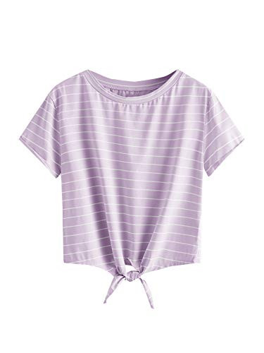 Romwe Women's Knot Front Cuffed Sleeve Striped Crop Top Tee T-Shirt Lilac Purple Medium