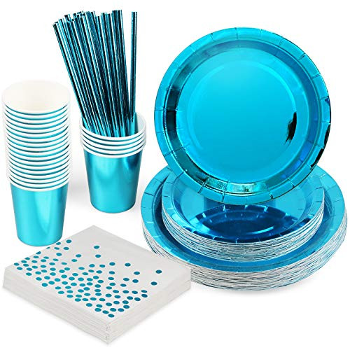 Larchio Blue Party Plates and Napkin Sets  Disposable Blue Party Supplies Kit for 12 Guests Includes Paper Plates  Cups  Napkin and Straws for Birthday Baby Shower Party Tableware