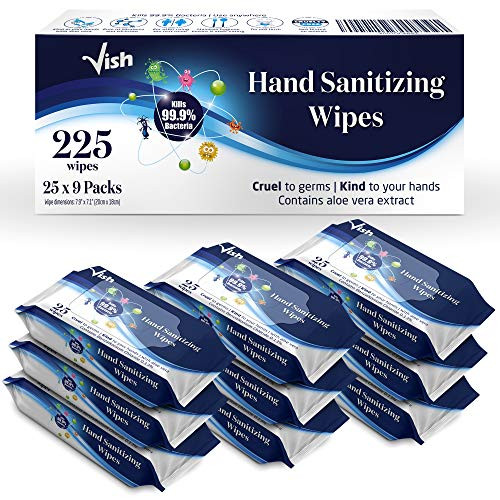 Vish Hand Sanitizers Wipes 9 pack of 25 total of 225pcs kills 99.9% of germs with Aloe Vera extract Vish Hand Sanitizers Wipes 9 pack of 25 total of 225pcs kills 99.9% of germs with Aloe Vera extract