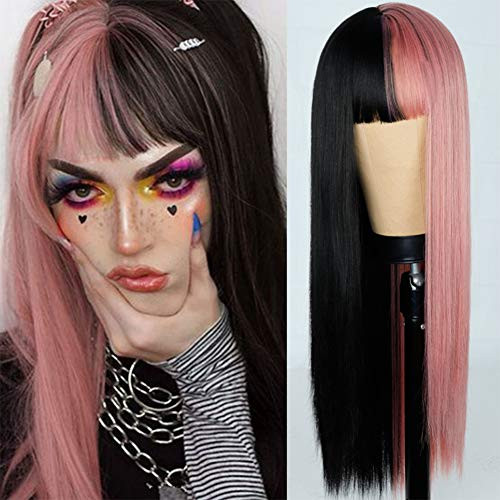 MISSQUEEN Half Black Half Pink Wig for Women Halloween Cosplay Long Synthetic Wig with Bangs Straight Lolita Hair Wig 22 Inch