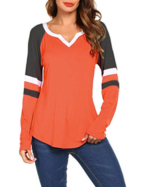 Sweetnight Women's Long Sleeve Casual Loose Tunic Shirts Henley V Neck Blouse Tops Orange XX-Large