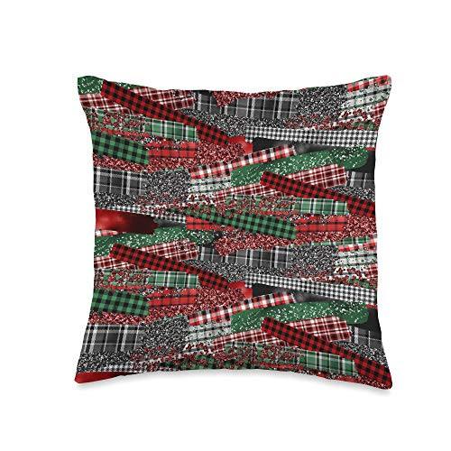 Black White Red Green Gingham Plaid Checkered Gift Buffalo Red White Green Black Plaid Pattern check Design Throw Pillow  16x16  Multicolor