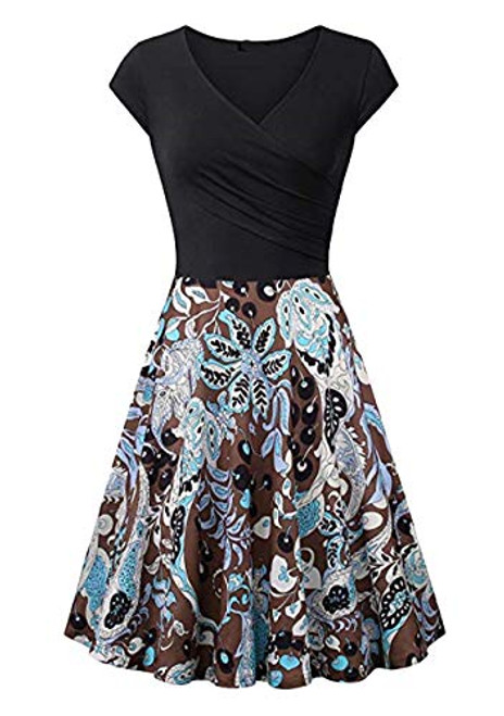 OMZIN Women's Cap Sleeve Floral Print Midi Dresses Casual A Line Short Swing Dresses Brown Floral XL OMZIN Women's Cap Sleeve Floral Print Midi Dresses Casual A Line Short Swing Dresses Brown Floral XL