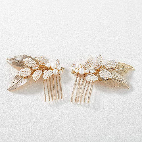 SWEETV 2Pcs Handmade Wedding Hair Combs Pearl Beads Wdding Hair Clip Pieces Bridal Hair Accessories for Women Wedding