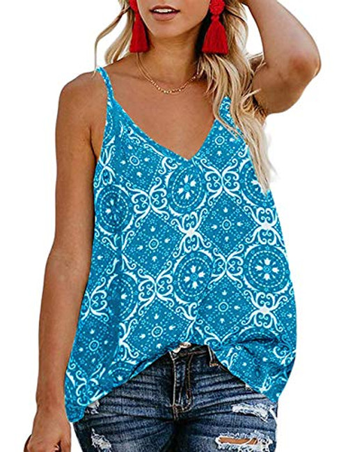 TECREW Women's Boho Floral V Neck Spaghetti Straps Tank Top Summer Sleeveless Shirts Blouse Blue TECREW Women's Boho Floral V Neck Spaghetti Straps Tank Top Summer Sleeveless Shirts Blouse Blue