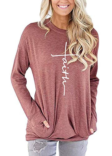 Unidear Women's Faith Print Tunic Long Sleeve Casual Pullover Tops with Pockets Light Red XL