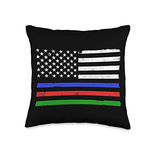 Thin Red Blue Green American Flag USA Thin Blue Red Green Line Police Firefighter Military Flag Throw Pillow  16x16  Multicolor