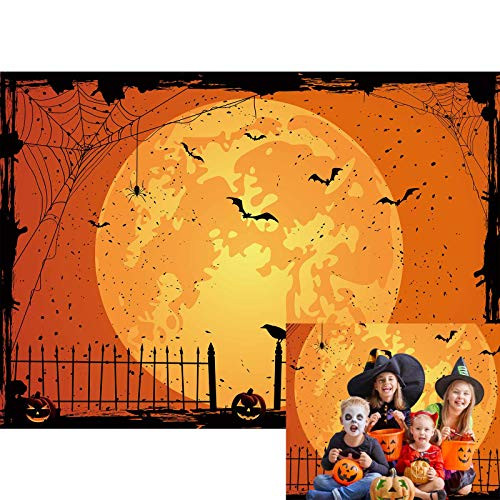 Allenjoy Happy Halloween Orange Moon Night Backdrop Pumpkin Bat Spider Web Graveyard Fence Photography Background for Horror Themed Party Decor Banner 7x5ft Photo Booth Props