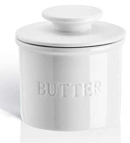 Warome Butter Crock with Water?Butter Keeper for Counter?French Butter Keeper Crock with Lid?Ceramic Butter Container?Simple White Butter Dish Easy to Store