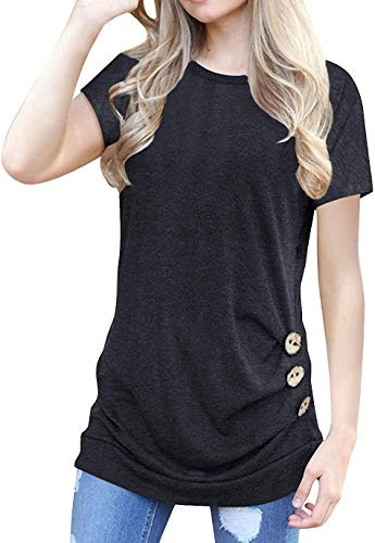 Women Casual T Shirts Loose Round Neck Short Sleeve Buttons Tunic Blouse Tops Black-1 L