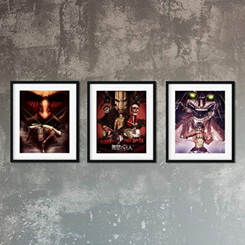 LACEDUSA Attack On Titan-Anime Fan Art Collection Japanese Manga Canvas Poster Painting Decoration Japanese Anime Wall Art for Boys Unframed Version  8"x10" 3pcs  Attack On Titan-Eren and Titan