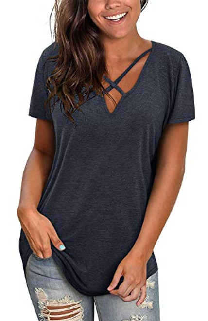 Womens Short Sleeve V Neck T Shirts Sexy Criss Cross T-Shirt Tops Casual Loose Cotton Tees Navy Blue Womens Short Sleeve V Neck T Shirts Sexy Criss Cross T-Shirt Tops Casual Loose Cotton Tees Navy Blue