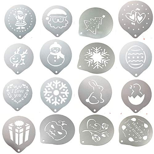 Stainless Steel Powder Shakers  Coffee Cocoa Cinnamon Mesh Shaker Cans with Lid  16 pcs Stainless Steel Coffee Decorating Stencils Template for Latte Cappuccino  Cupcake Stencils  1 Cans Plus 16 Stencils