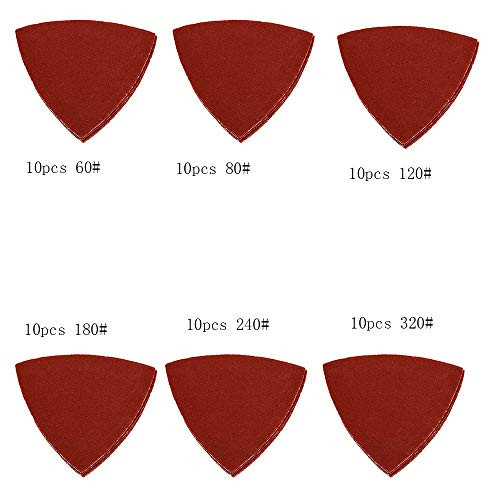 60 Pcs Triangular Hook & Loop Multitool Sandpaper for Wood Sanding Fit 3-1/8 Inch Oscillating Multi Tool Sanding Pad