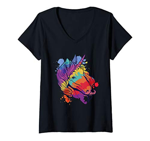 Womens Unicorn Colorful Paint Splatter Design Magical Creature V-Neck T-Shirt
