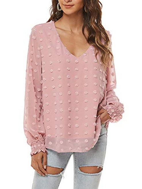Voopptaw Swiss Dot Top for Women Long Sleeve V Neck Blouse Tunic Chiffon Pullover Pom Pom Shirt  Pink  Small Voopptaw Swiss Dot Top for Women Long Sleeve V Neck Blouse Tunic Chiffon Pullover Pom Pom Shirt  Pink  Small