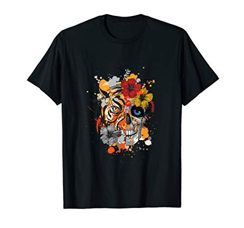 Tiger and skull design with flowers and paint splashes T-Shirt