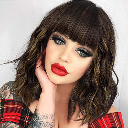 AISI BEAUTY Short Wavy Bob Wig with Bangs Shoulder Length Highlights Synthetic Bob Curly Wigs for Women Natural Looking Heat Resistant Fiber Hair