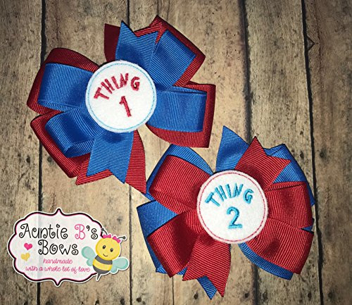 Thing 1  and  Thing 2 Pinwheel Hair Bow Set 4" Red Blue