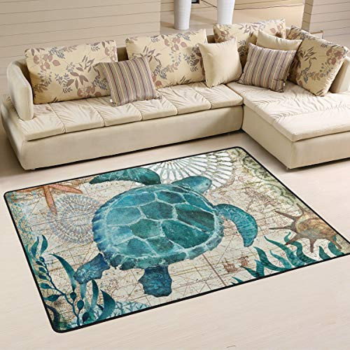 Blue Sea Turtle Nautical Map Area Rug 3' x 2' Door Mats Indoor Polyester Non Slip Multi Rectangle Carpet Kitchen Floor Runner Decoration for Home Bedroom Living Dining Room