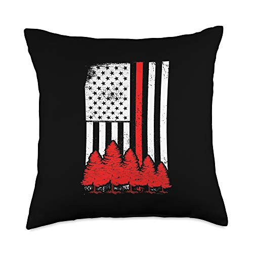 JonFriday USA Fire Department Firefighter Gifts USA Flag Pine Trees Firefighter Thin Red Line Fireman Gift Throw Pillow  18x18  Multicolor