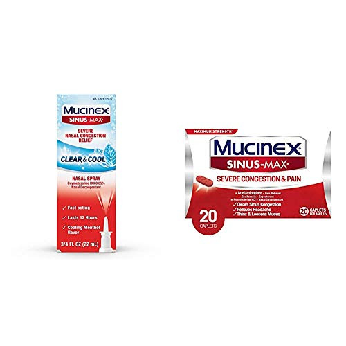 Nasal Decongestant Spray  Mucinex SinusMax Clear  and  Cool Nasal Spray  0.75 Ounce  Lasts 12 Hours and Mucinex Sinus-Max Severe Congestion  and  Pain Relief Maximum Strength Caplets- 20 Count