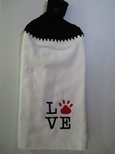 Crocheted FULL Towel LOVE Pawprint Kitchen Towel with Black yarn