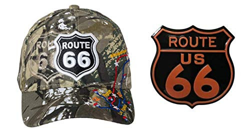 Iconic US Route 66 Embroidered Camo Trucker Hat and Black Orange Road Sign Souvenir Refrigerator Magnet Bundle