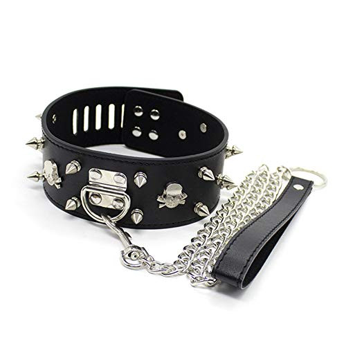 Qiny Leather Collar Choker with Locks  Rivet Decoration  Adjustable Leather Collar with Chain Detachable Leash for Women Men  Black