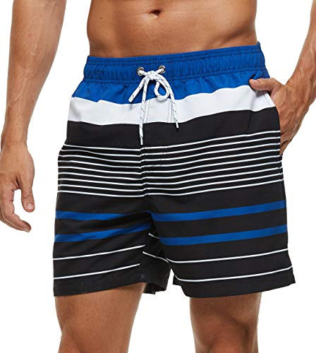 SILKWORLD Men's Swim Trunks Quick Dry Bathing Suit  Beach Shorts with Mesh Lining Blue White Black Stripe Large