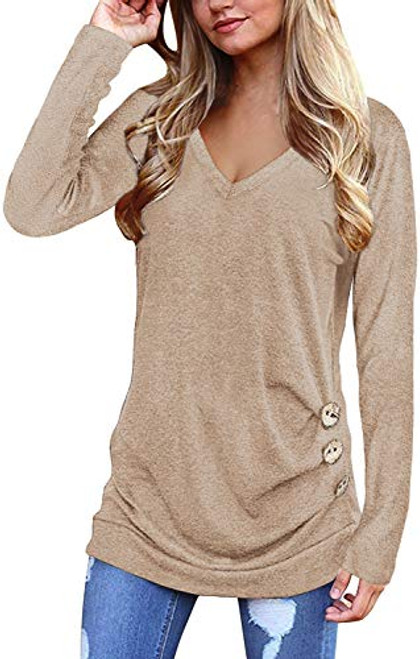 Jescakoo Womens Long Sleeve Tops Long Sleeve Button Down Tunic Shirts Soft V Neck Khaki M