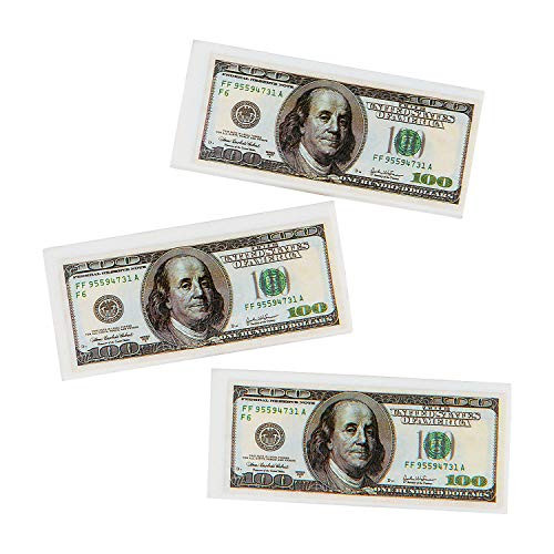 Fun Express - 100 Bill Eraser - Stationery - Pencil Accessories - Erasers - 12 Pieces