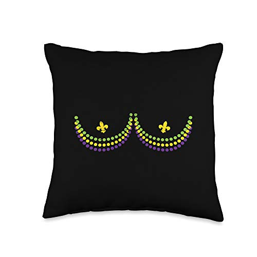 Mardi Gras Pillows For Men Women Kids Boys Girls Mardi Gras Jester Hat Beads Bra Boob Carnival Women Gift Throw Pillow  16x16  Multicolor