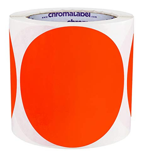 ChromaLabel 4 Inch Round Permanent Color-Code Dot Stickers  Inventory Labels  250 Roll  Fluorescent Red-Orange
