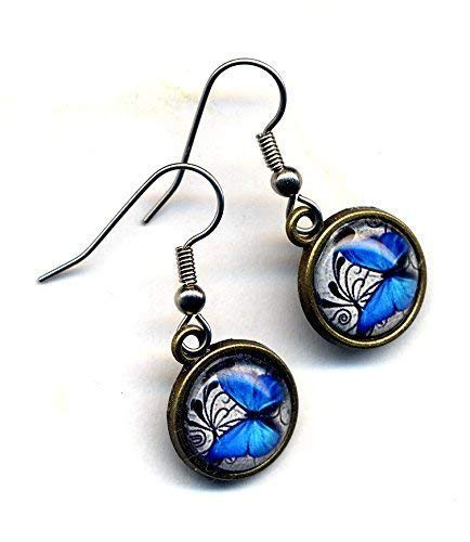 Butterfly Earrings  Surgical Steel Earrings  Blue Butterflies Earrings  Insect Earrings  Blue Black and White Earrings by AnnaArt72