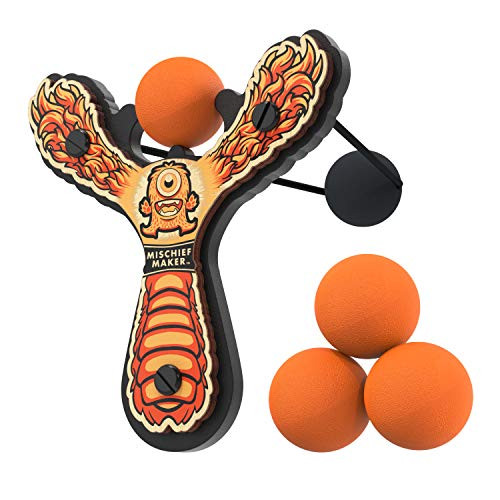 Mighty Fun Mischief Maker Lil Monster Wooden Toy Slingshot and Soft Foam Balls  Orange