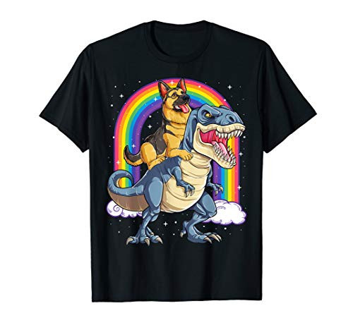 German Shepherd Riding Dinosaur T rex Gift Boys Kids Rainbow T-Shirt