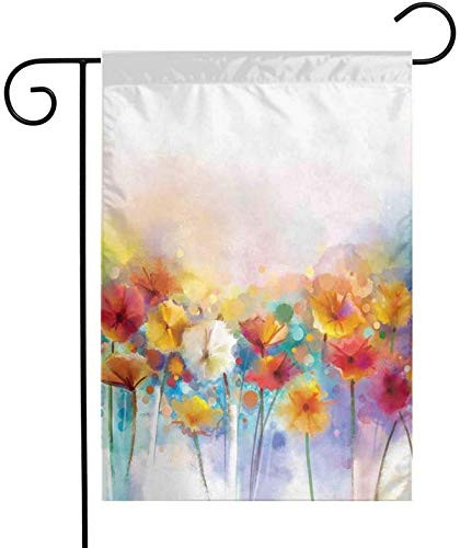 JUJUE Watercolor Flower Home Gerbera Bouquet Textured Artisan Inflorescence Morph New Paint Red Orange One Sided Garden Flag Banner 12 X 18 Inch