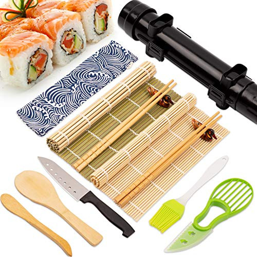 Sushi Making Kit Sushi Bazooka Maker Tool for Beginner DIY Sushi Roller Machine with Bamboo Rolling Mat Sushi Knife Bamboo Chopsticks All in One Sushi Set 12 Pcs