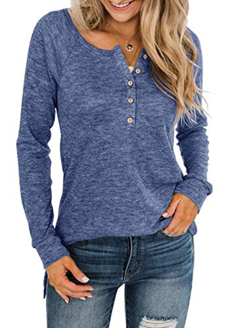 Women's Long Sleeve V-Neck Button Loose Casual Tunic Tops Blouse Henley T Shirts Blue