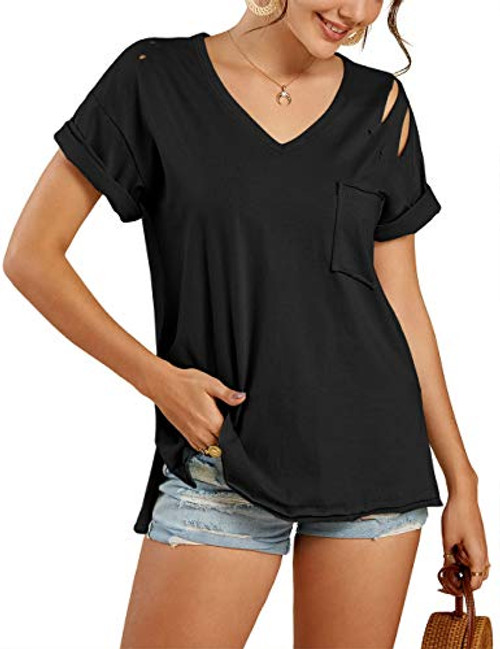 Imily Bela Womens Short Sleeve V Neck Ripped T Shirts Summer Casual Side Slit Tee with Pocket Black Imily Bela Womens Short Sleeve V Neck Ripped T Shirts Summer Casual Side Slit Tee with Pocket Black