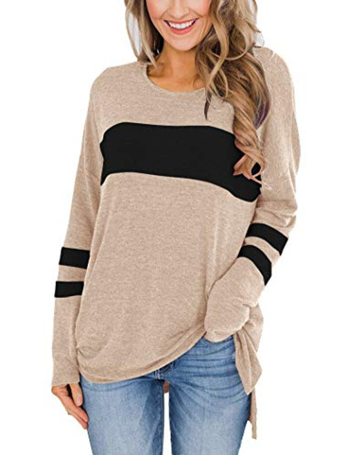 Hilltichu Womens Color Block Long Sleeve Shirt Pullover Round Neck Side Split High Low Tunic Tops  X-Large  Brown  and  Black