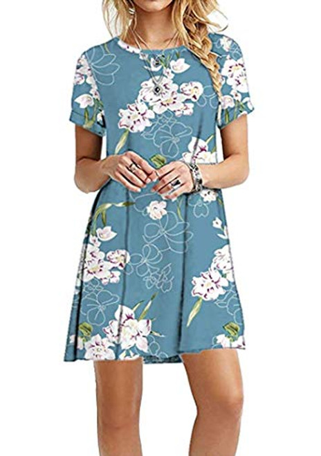 BOFETA Women's Round Neck Loose Dress Short Sleeve Floral Printed Dress Sky Blue M