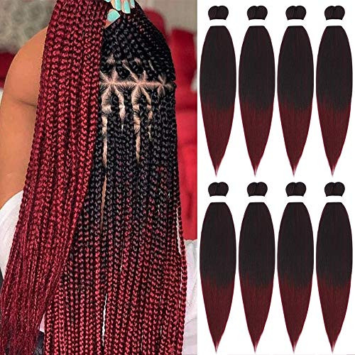 Pre Stretched Ombre Braiding Hair Long Easy Braid Professional Itch Free Braiding Hair 8 Packs Hot Water Setting Synthetic Fiber Easy Braiding Hair Soft Yaki Texture Braiding Hair Ombre Burgundy