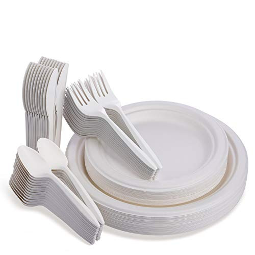 Fuyit 125Pcs Disposable Plates Set with Cutlery Compostable and Biodegradable Dinnerware Eco Friendly Paper Plates Forks Knives and Spoons Tableware for Party Camping Picnic BBQ White Fuyit 125Pcs Disposable Plates Set with Cutlery Compostable and Biodegradable Dinnerware Eco Friendly Paper Plates Forks Knives and Spoons Tableware for Party Camping Picnic BBQ White