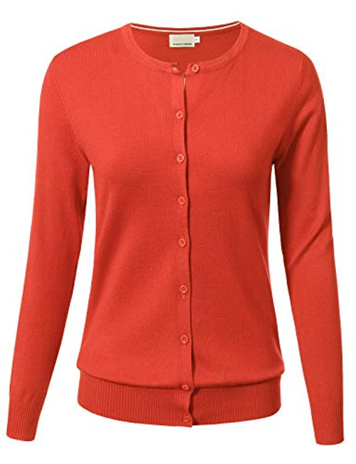 Allsense Women Button Down Long Sleeve Crewneck Soft Knit Cardigan Sweater M Orange