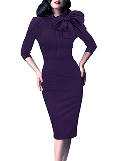 Women's 1950s Retro 3 4 Sleeve Bow Cocktail Party Evening Dress Work Pencil Dress  XL  Purple Women's 1950s Retro 3 4 Sleeve Bow Cocktail Party Evening Dress Work Pencil Dress  XL  Purple