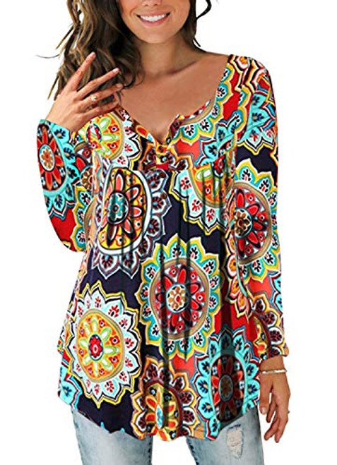 Ophestin Womens Long Sleeve Floral Tops Henley V Neck Loose Tunic Blouse Shirt Orange Size XL Ophestin Womens Long Sleeve Floral Tops Henley V Neck Loose Tunic Blouse Shirt Orange Size XL