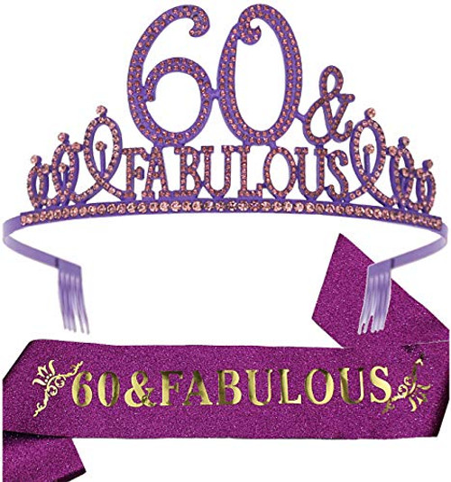 60th Birthday Gifts for Women 60th Birthday Tiara and Sash Purple 60th Birthday Decorations Party Supplies 60 and  Fabulous Birthday Satin Sash Crystal Tiara Birthday Crown for 60th Birthday Party Decor