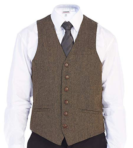 Gioberti Men's 6 Button Slim Fit Formal Herringbone Tweed Vest  Barleycorn Brown  Small